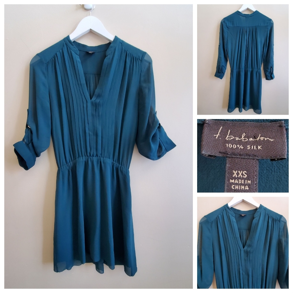 T Babaton 100% Silk Dress, pleated front detail with hidden button